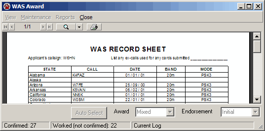WAS record sheet
